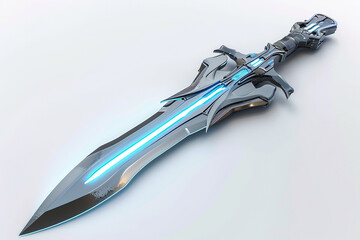 Futuristic nano-blade battle dagger with a razor-thin edge, composed of nanomaterials, and a high-tech glowing hilt isolated on solid white background.