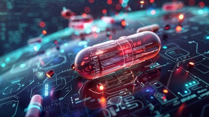 Pharmaceutics technology or medical health care concept, realistic pill with science analysis interface 