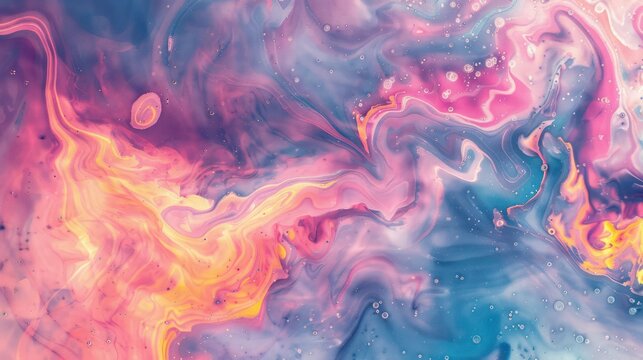 A dreamy visual with floating bubbles amidst swirling pink and blue hues, offering a sense of playful serenity