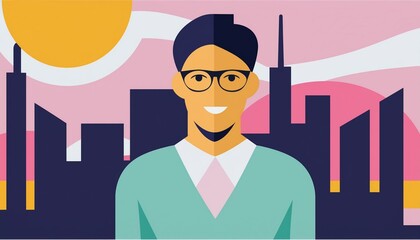 Flat illustration of a young person against silhouettes of city buildings