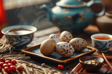 Chinese Tea Eggs spiced aroma ancient teahouse ambiance  