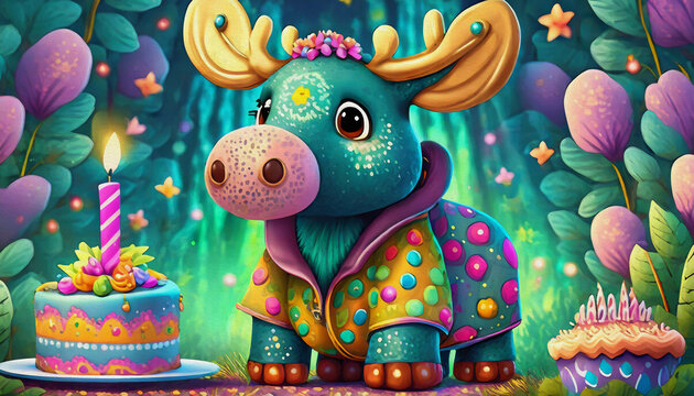  oil painting style cartoon character Pattern of multicolored happy baby Moose, with birthday cake
