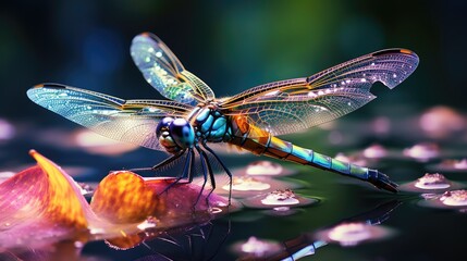 a picture colorful dragonfly sitting on a waterlily