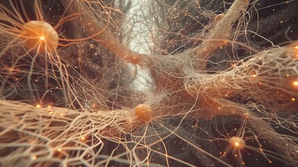 Neurons or nervous system impulses in human brain and body, abstract view on lights