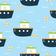Cute summer seamless pattern. Marine texture with boats. Childish vector illustration.