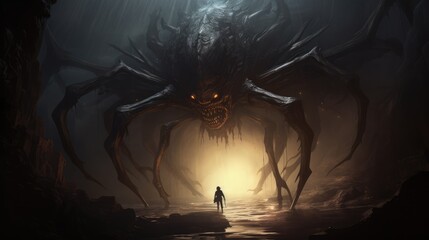 a photo giant monster spider is confronting someone in the dark