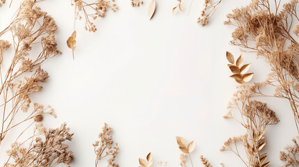 delicate botanical frame of dried flowers on white background with copy space for design, perfect for invitations and greeting card