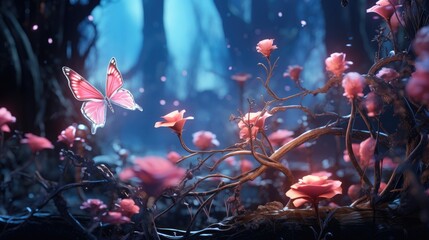 a picture mossy magical Forest iridescent roses glowing Butterflies, aurora, intricate details