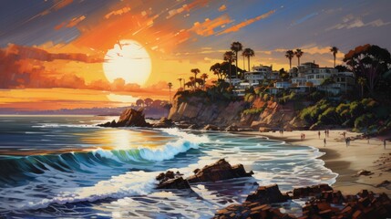 A illustration Vibrant Ink Oil Painting, small seaside town with a fountain, trees, beach, waves, white water, ocean, sunset, clouds, hyper detailed, cinematic lighting, saturated contrast