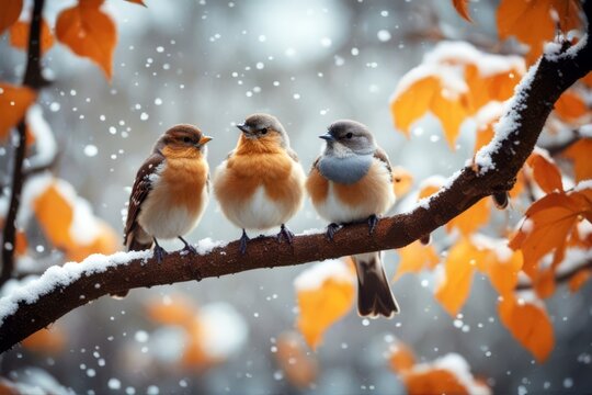 'branch park foliage bright portrait snowfall sitting tits three birds cute autumn bird winter christmas fall tit much pretty little cold plant tree snow nature season yellow leaf beauty white orange'