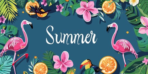 Naklejka premium tropical leaves and flowers with pink flamingos, orange slices and black toucans on a blue background, white text in the center of the frame 