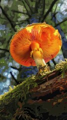 Vibrant orange mushroom on a mossy log in a lush forest