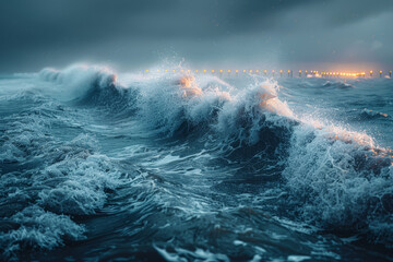Waves crashing against a shoreline dotted with wave energy converters, capturing the kinetic energy of the ocean. Concept of marine renewable energy. Generative Ai.