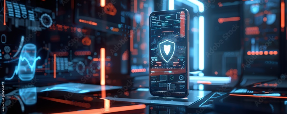 Poster Digital security concept with hologram graphs data charts and phone shield shaped screen lock.