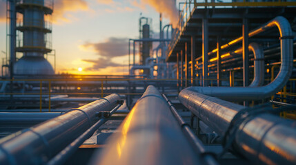 Gleaming Pipelines Lead To Industrial Giants Against The Vibrant Backdrop Of A Sunset Painted Sky