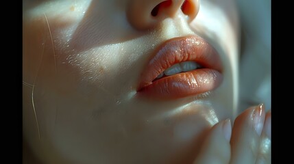 Fototapeta premium Delicate Beauty: Close-Up of Hand and Lips in Soft Illumination