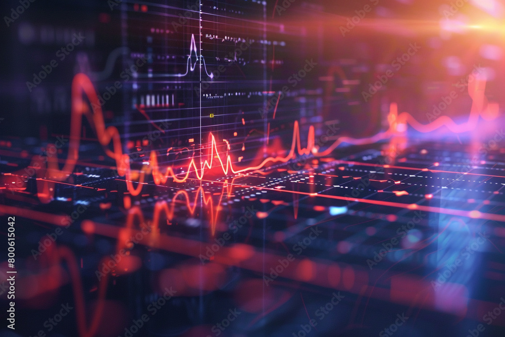 Poster detailed shot of a heartbeat signal amid ai coding illustrating the integration of technology and we