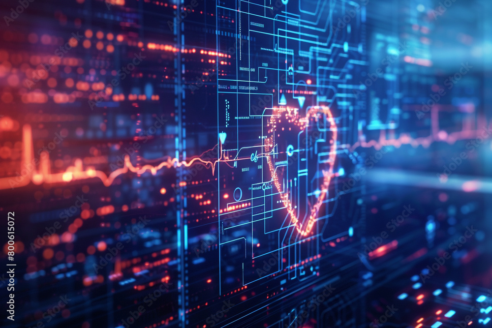 Poster detailed shot of a heartbeat signal amid ai coding illustrating the integration of technology and we