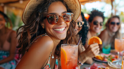 Joyful woman enjoying summer cocktail with friends. Smiling woman in straw hat and sunglasses enjoying refreshing drink with laughing friends at tropical summer beach bar.