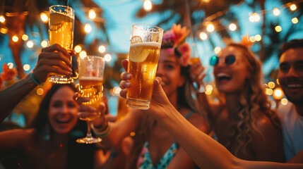 Tropical party cheers - friends toasting with beer under fairy lights. Joyful friends raising glasses in a festive toast during a tropical evening party with warm fairy lights sparkling in the backgro