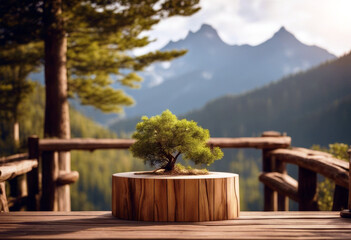 'podium product splay Wooden presentation natural area mountain poduim display composition cosmetic platform shadow three-dimensional advertising minimal stage pedestal relax'