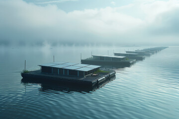 A series of floating solar farms adrift on calm waters, maximizing energy production without occupying valuable land space. Concept of floating solar technology. Generative Ai.