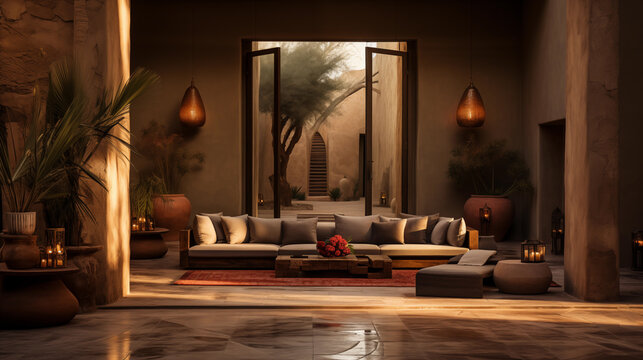 Modern cozy Moroccan interior of hall, hotel in beige tones