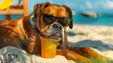 Boxer Dog Enjoying a Sunny Beach Day, Wearing Sunglasses and Laying on the Sand for Summer Vacations