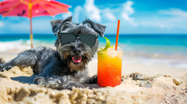 Bouviers des Flandres Dog Soaking up the Summer Sun, Laying on the Beach with Sunglasses During Vacation