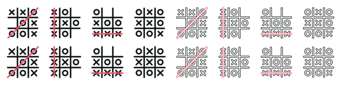 Set of tic tac toe game icons. Noughts and crosses, competition, classic game board, template tic tac toe. Vector. EPS10.