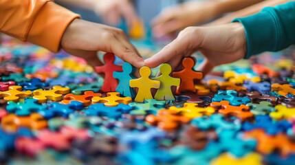 Human hands connecting colorful puzzle pieces, symbolizing teamwork, unity and importance of working together towards common goal. Teamwork and collaboration concept with connecting puzzle pieces.