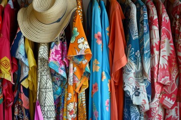 Vibrant outerwear and a magenta sun hat adorn the fixturefilled closet