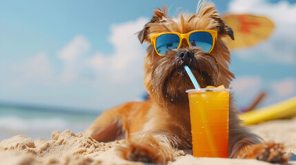 Brussels Griffon Dog Laying on the Beach Sand, Wearing Sunglasses and Enjoying the Seaside Ambiance During Summer