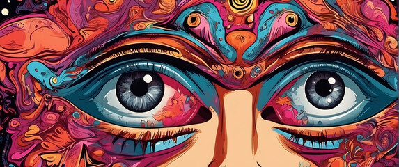 A captivating psychedelic illustration featuring intense, detailed eyes amidst a sea of vivid shapes and colors, symbolizing perception and insight