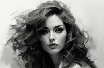 Sketch of a girl's face, with black and white line art of a female character. Concept: fashion and style