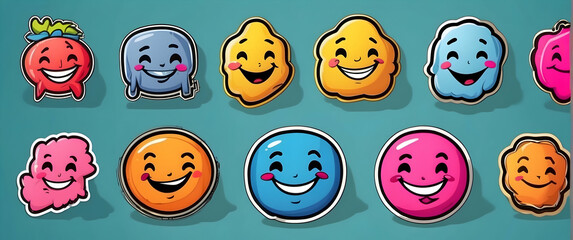 Fototapeta premium A set of vibrant and cheerful emoticon stickers with different expressions, perfect for digital communication