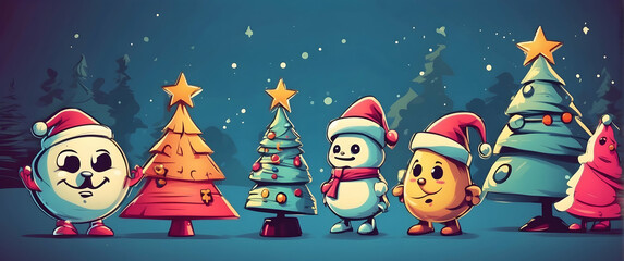A whimsical illustration of animated Christmas characters, including a jolly Santa and decorated trees, amidst a festive background