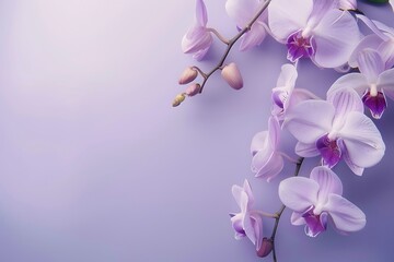 light purple orchid branch on purple background, summer spring concept of flowers beauty, card with...