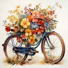 Fototapeta na wymiar Watercolor painting of a womans bicycle with a basket of flowers and colorful flowers, clipart Illustration, Generative Ai