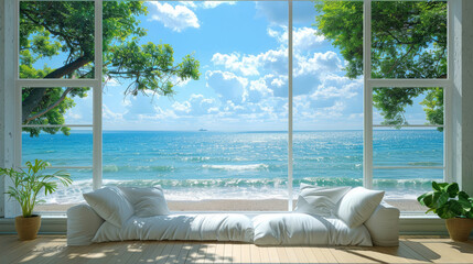 Bedroom with white bedding and big window close to the sea