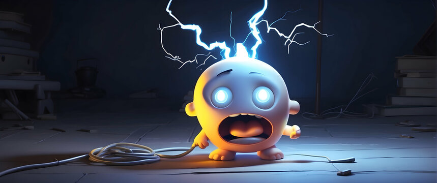 A cartoon character looks shocked with electricity sparking from its head in a dark and cluttered environment