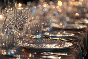 Elegant fine dining scene with crystal glasses polished silverware and opulent decor indicating high income status  