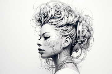 Fototapeta premium Sketch of a girl's face, with black and white line art of a female character. Concept: fashion and style