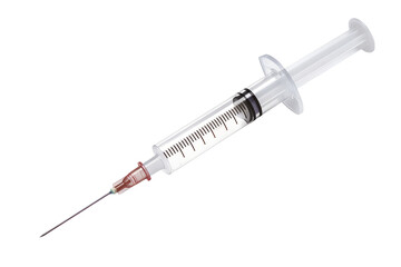 Medical disposable syringe with needle for injection vaccine, isolated on transparent background. Vaccination instrument. Plastic syringe