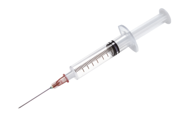 Medical disposable syringe with needle for injection vaccine, isolated on transparent background. Vaccination instrument. Plastic syringe