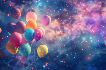 Balloons floating against a backdrop of a star-filled galaxy, evoking a sense of cosmic wonder.