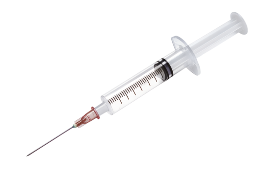 Medical disposable syringe with needle for injection vaccine, isolated on transparent background. Vaccination instrument. Plastic syringe
