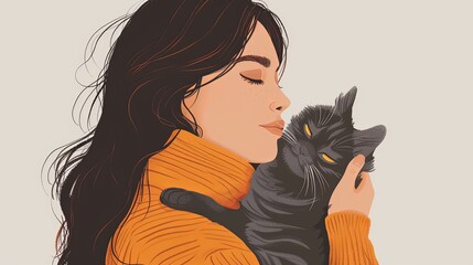 Cartoon illustration of young lady woman holding black cat cuddling