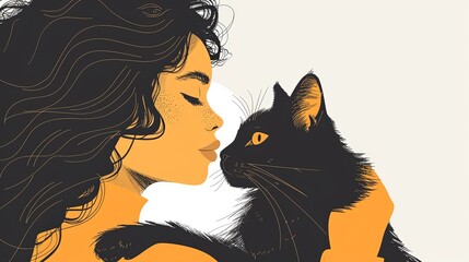 Closeup portrait illustration of young woman dressed in sweater cuddling black cat with isolated