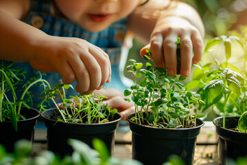 Family planting an indoor herb garden, close-up on small hands placing seeds in pots, home life 
